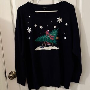Talbots Navy Sweater with Festive Tree Design